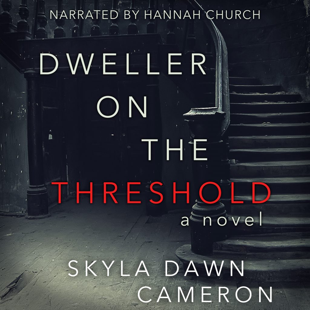 Audiobook cover. The image is a dusty dark stairway in a house. It's eerie. The title is Dweller on the Threshold. 
