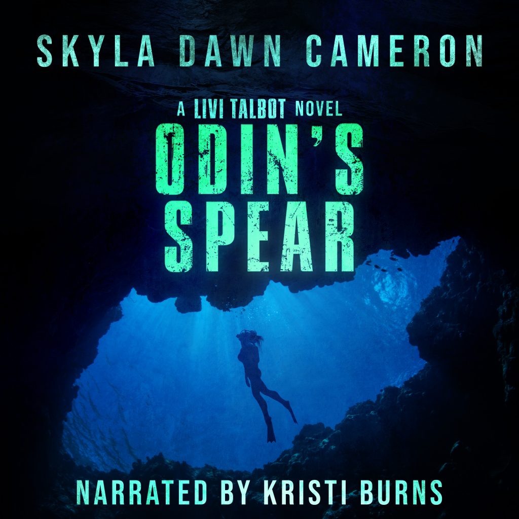 The silhouette of a woman in scuba gear under water with the title Odin's Spear.