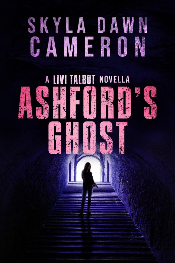 The silhouette of a woman on a flight of stairs going down. Ashford's Ghost is the title.