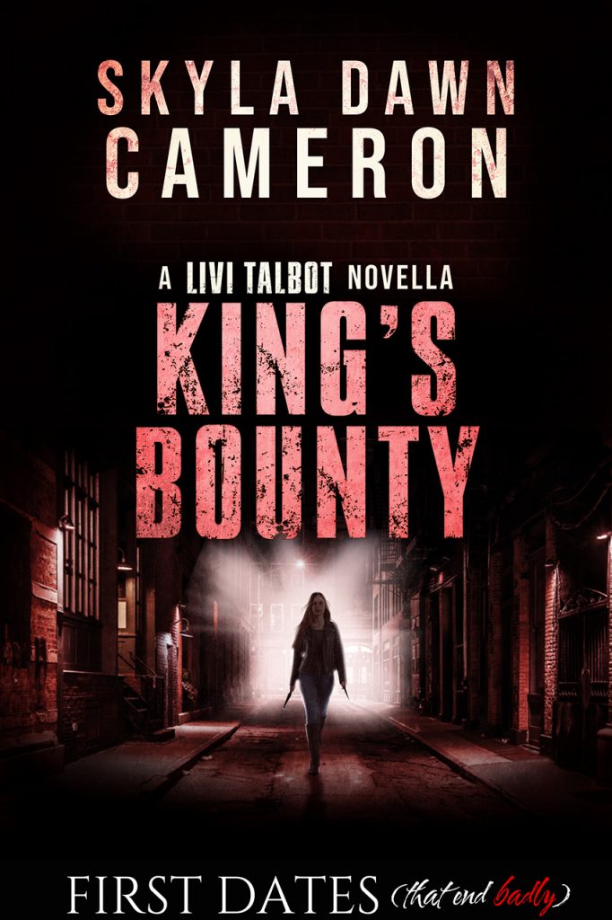 A woman walks down a street at night. She's in silhouette and there is a glow behind her. The title is King's Bounty.