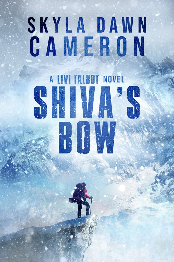 A woman in snow and climbing gear facing snowy mountains. The title is Shiva's Bow