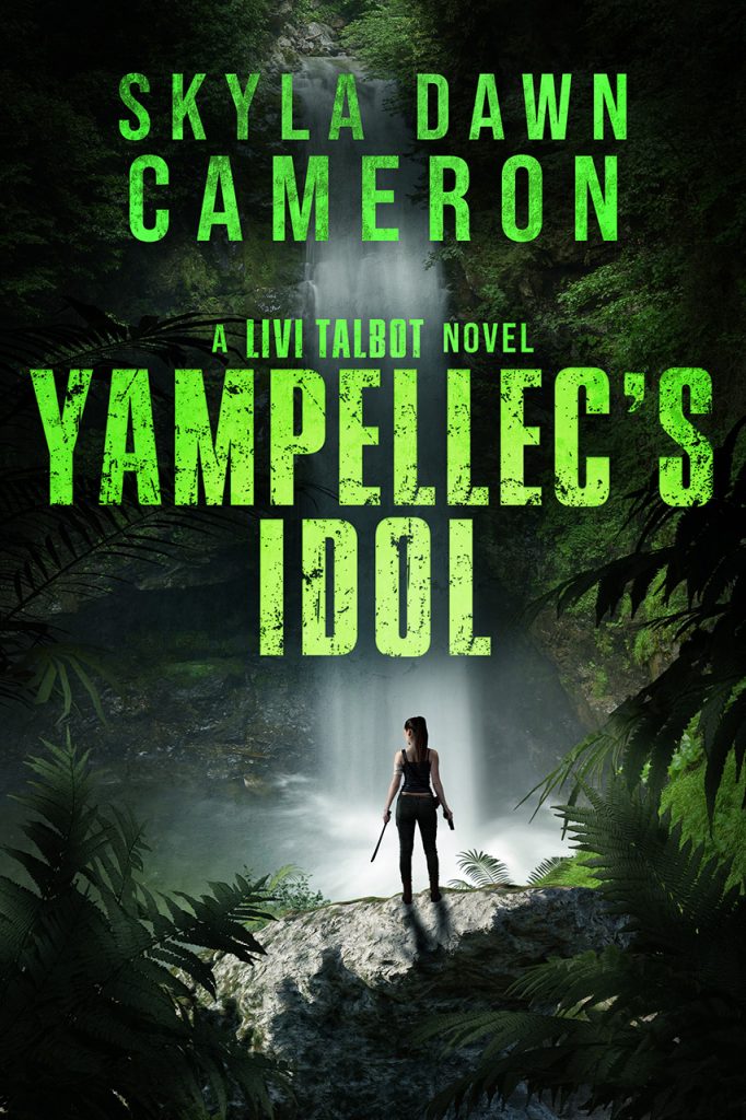 A woman stands in a jungle overlooking a waterfall. Title is Yampellec's Idol.
