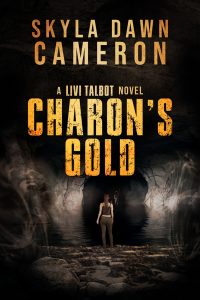 A woman stands before a black river underground with a small boatman in a hood in the distance. Title is Charon's Gold.
