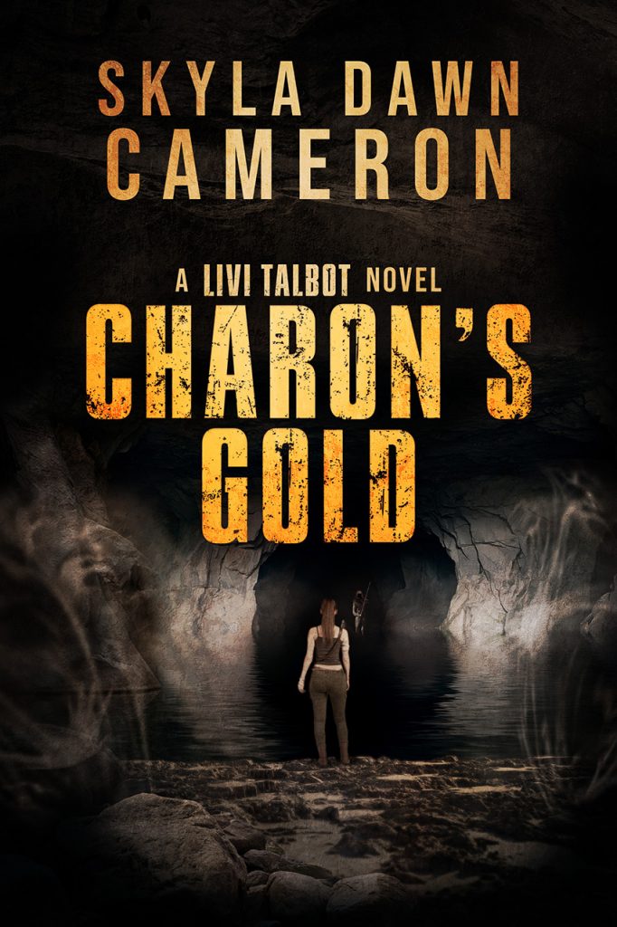 A woman stands before a black river underground with a small boatman in a hood in the distance. Title is Charon's Gold.