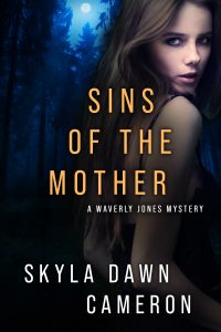 A woman with long brown hair in a sleeveless black dress looks over her shoulder against a forest and full moon.