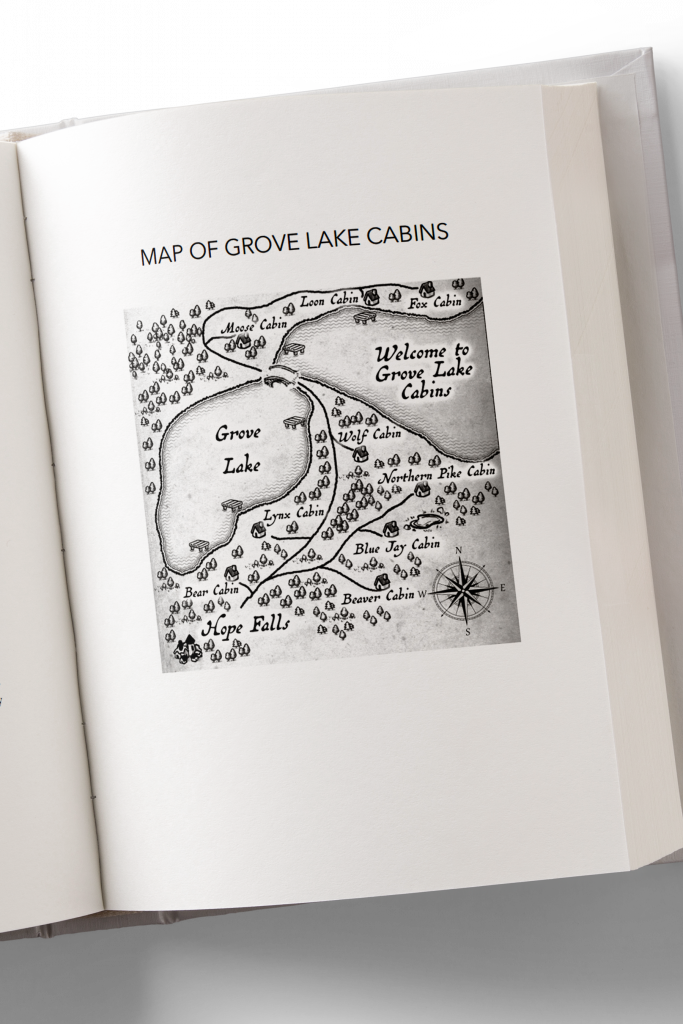 A 3D mockup of an open book showing a hand-drawn map of Grove Lake Cabins.