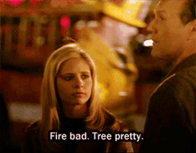 Buffy the Vampire Slayer saying "fire bad, tree pretty" as she's mentally exhausted after a big battle.