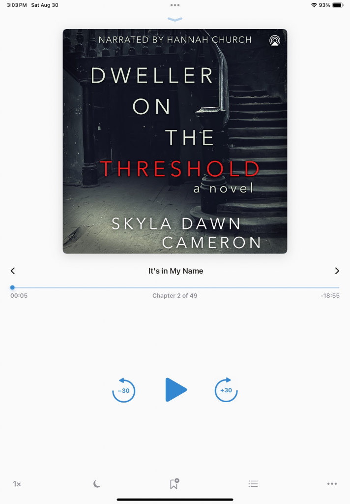 Screenshot from an iPad app showing a typical interface for audiobook playing, including bookmarking and moving by chapter.