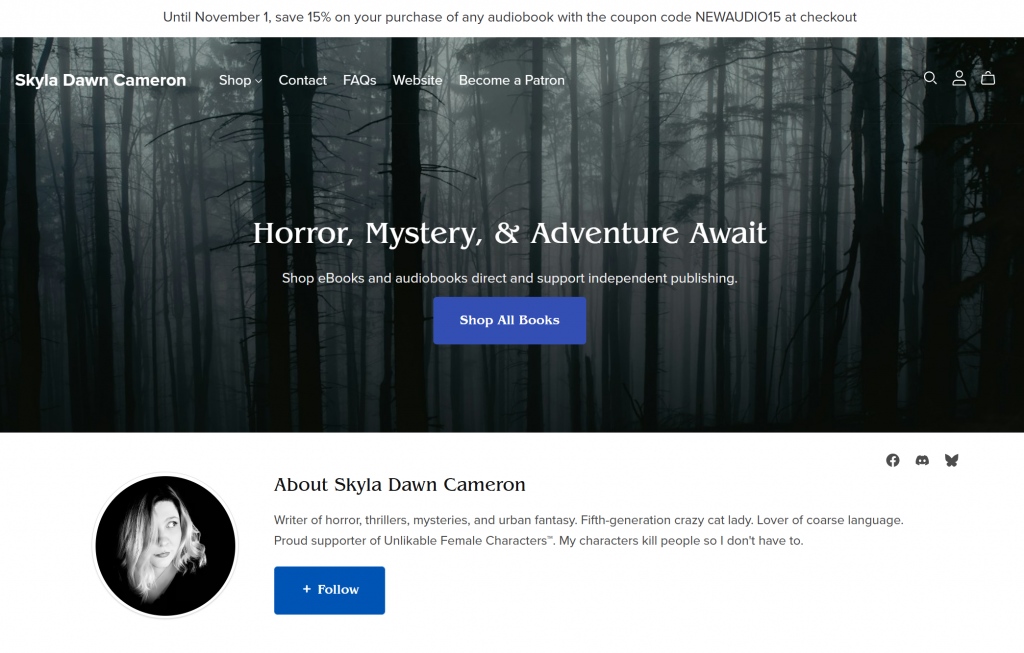 Screenshot of my sexy new Payhip landing page where there's a banner of a dark forest and the words "Horror, Mystery, and Adventure Await" with the usual shop things like navigation links, a shopping cart, etc.