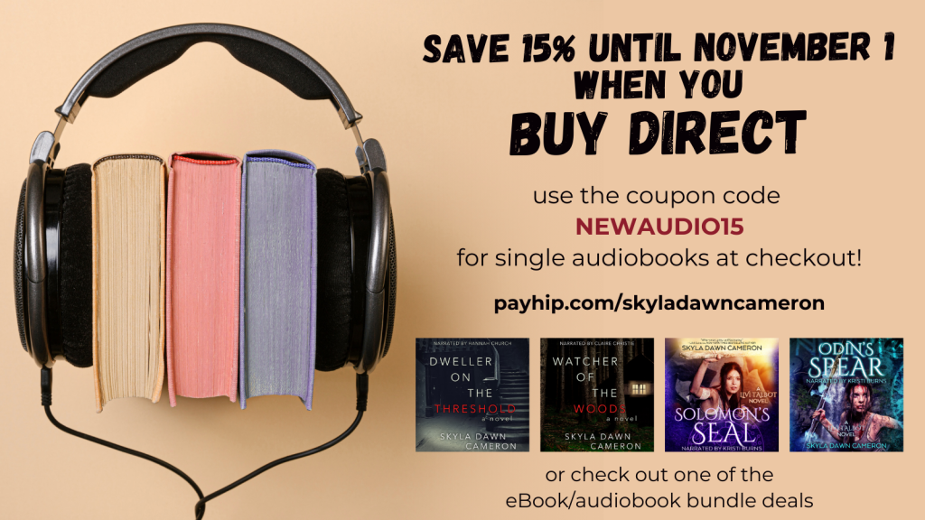 A promo graphic with three books between headphones. At the bottom are four audiobook covers in thumbnail. The text says "Save 15% until November 1 when you buy direct. Coupon code NEWAUDIO15 at checkout!"