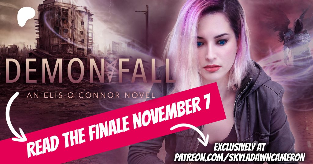 A young woman with blonde and pink hair is crouched against a destroyed city backdrop and a strange winged figure. The title is Demon Fall and the finale is November 7 only at Patreon.