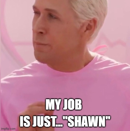 Ken from the Barbie movie saying "My job is just Beach" except it says Shawn instead of Beach.