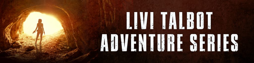 A woman stands silhouetted by sunlight in the mouth of a cave. Livi Talbot Adventure Series