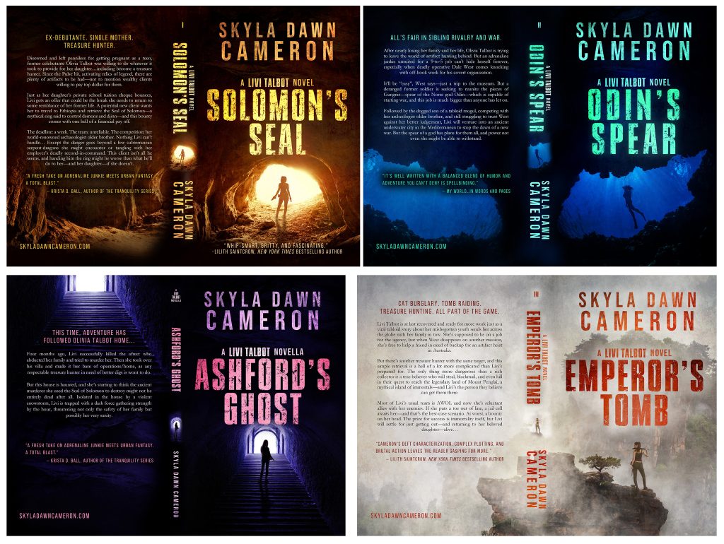 Four paperback wrap covers, all showing a woman in silhouette in adventure settings.