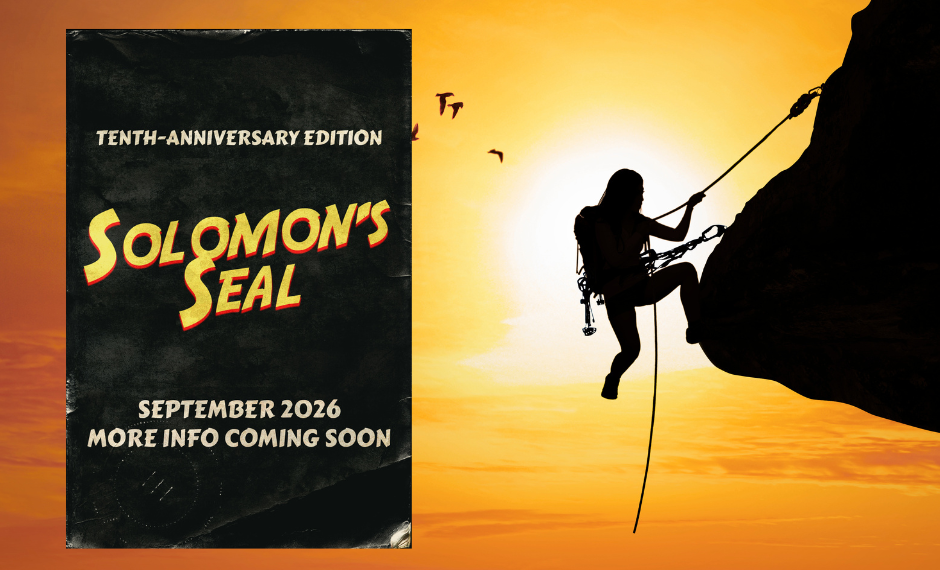 Placeholder cover for the anniversary edition of Solomon's Seal against a backdrop of a silhouetted woman climbing a mountain.
