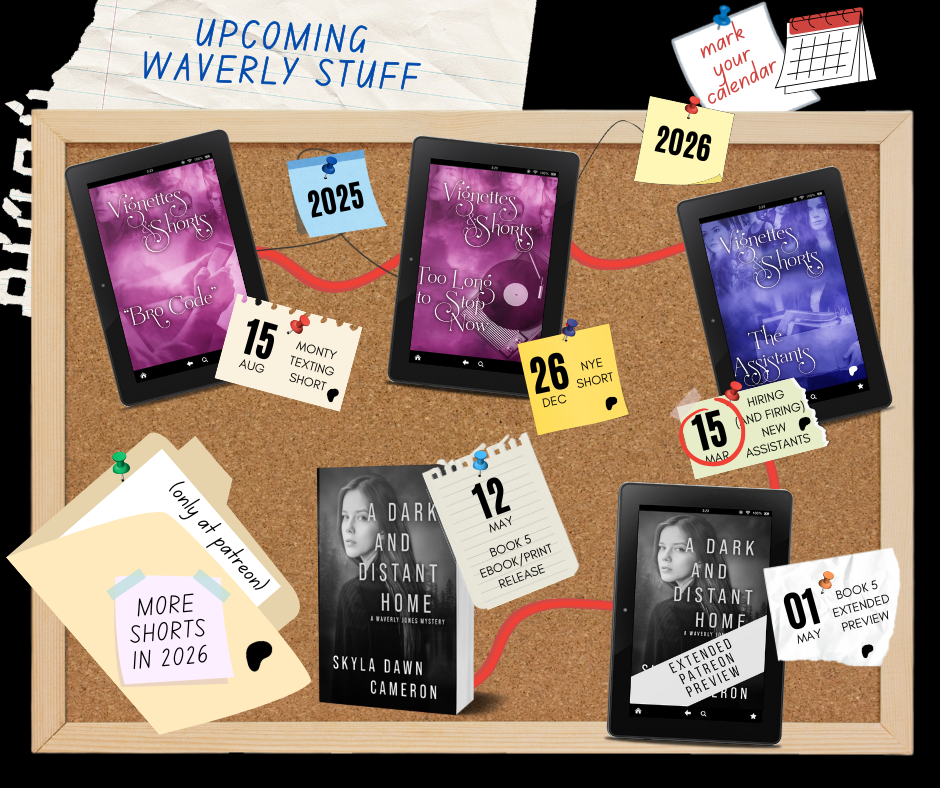 Waverly Jones #5 release road map showing various short stories, some available and some not.