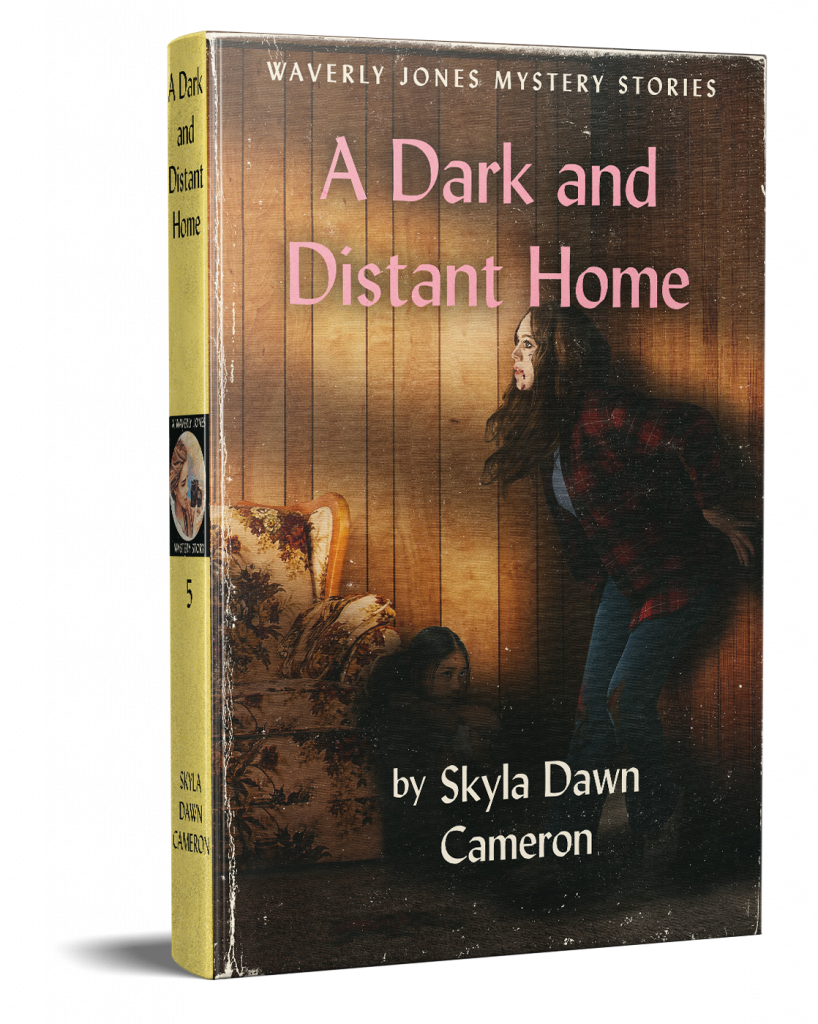 A 3D image of a hardcover book with a vintage yellow spine. The cover depicts a young woman in a basement with wood-paneled walls. She is slightly bent over with her hands braced against the wall at her back like she's just been thrust against the wall, her hair swinging forward. There's a crouched child in the shadows by the nearby old-fashioned couch.