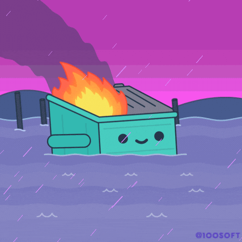 A smiling cartoon dumpster on file floating along a flooded area.