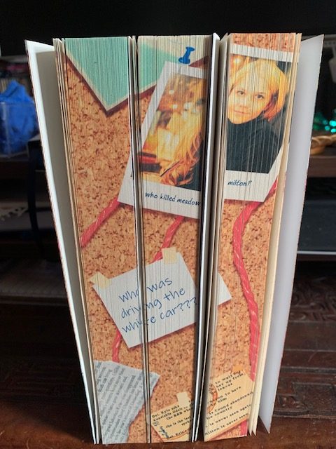 Paperback sprayed edges mostly lined up showing an overall image of a conspiracy cork board with phots, articles, and red string.