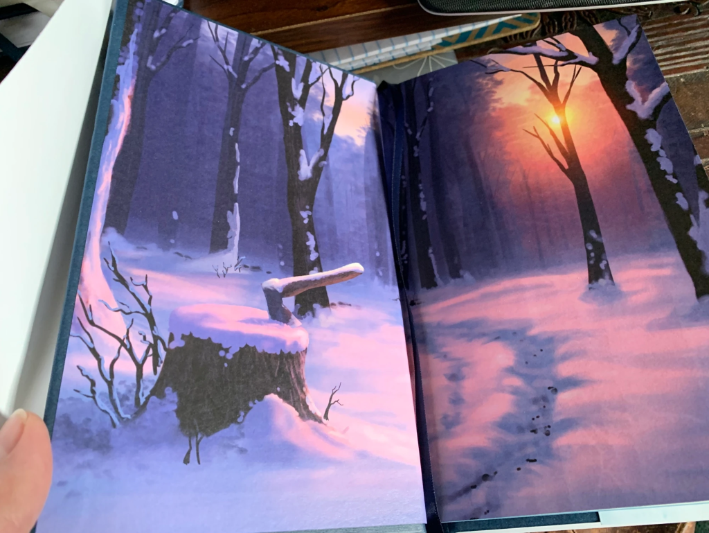 Full-colour end papers with a digital painting of a sun rising over a snowy forest, tracks in the snow, and an axe lodged in a tree stump.