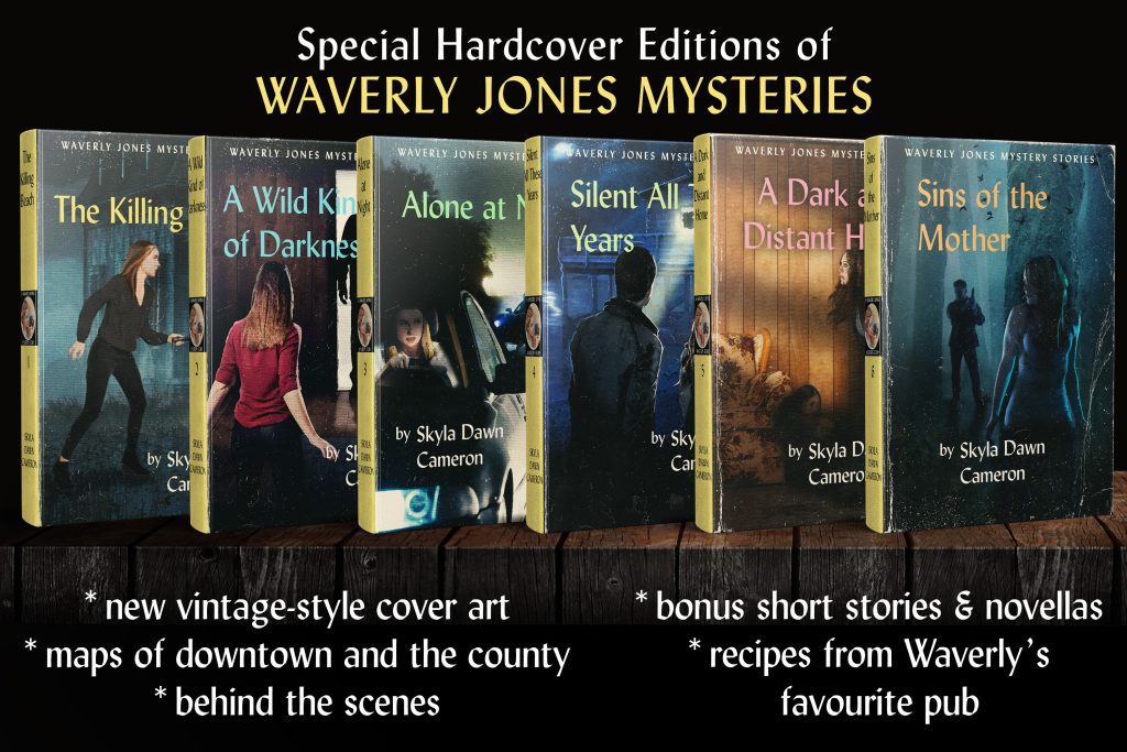 Six hardcover books in a row, all with vintage Nancy Drew style covers and yellow spines, listing what comes with them (maps, behind the scenes, bonus stories, recipes)