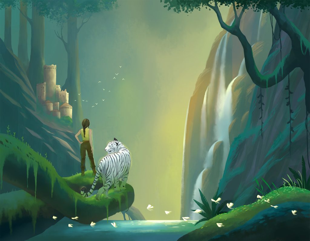 A digital illustration by Niken Anindita, showing distant waterfalls and trees and a hidden abandoned castle. In the foreground is a woman with a long dark braid facing the castle and a white tiger at her side.