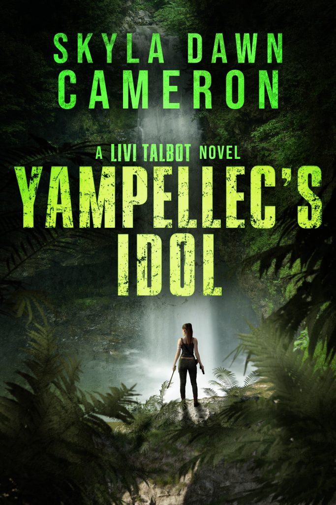 Front cover for Yampellec's Idol. A woman stands in a jungle overlooking a waterfall with a machete in hand.