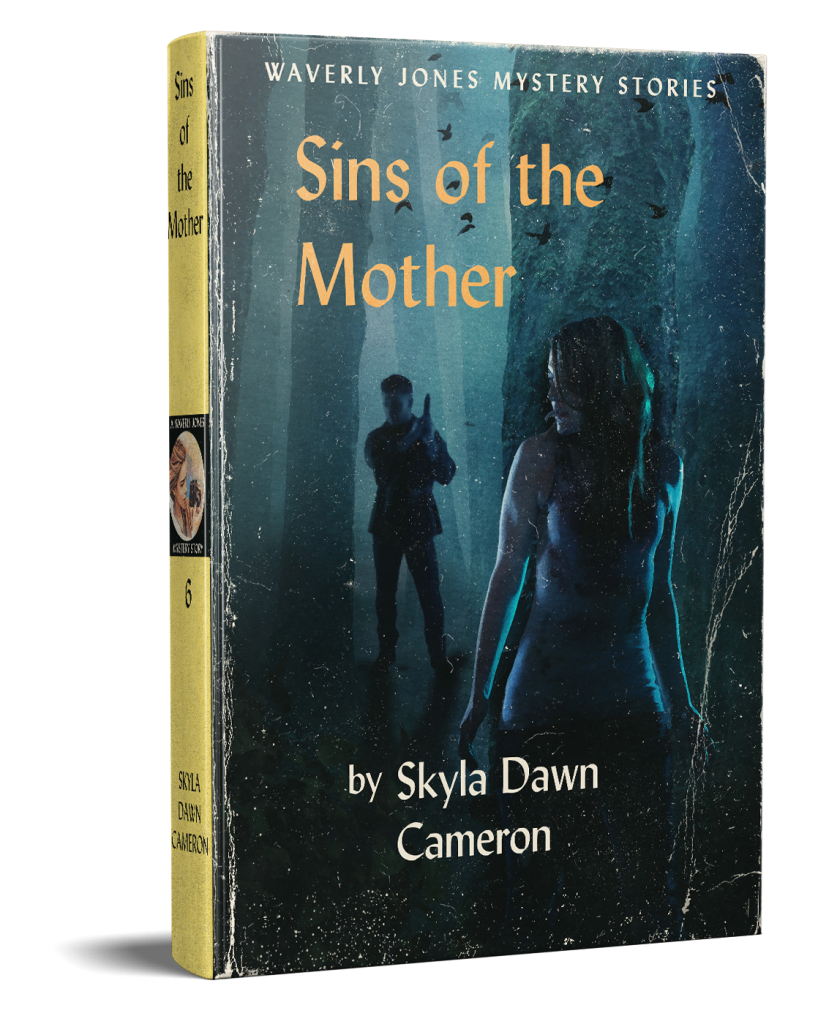 Sins of the Mother hardcover. Vintage yellow spine mystery novel. Image depicts a woman in a dark forest at night hiding against a tree while a man with a gun pursues her.